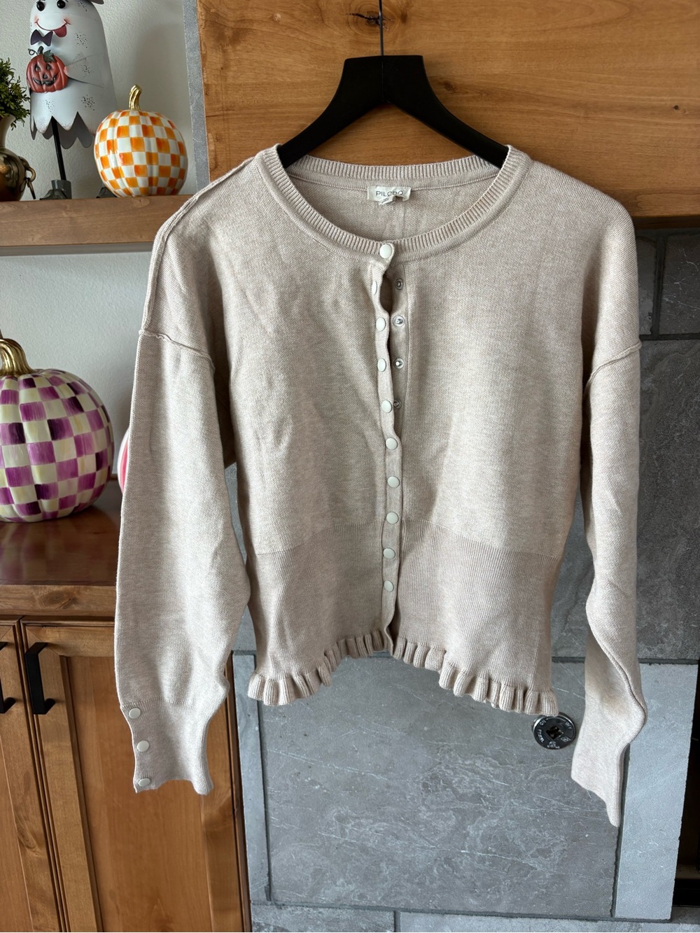 Pilcro Cream Ruffle-Hem Button Cardigan